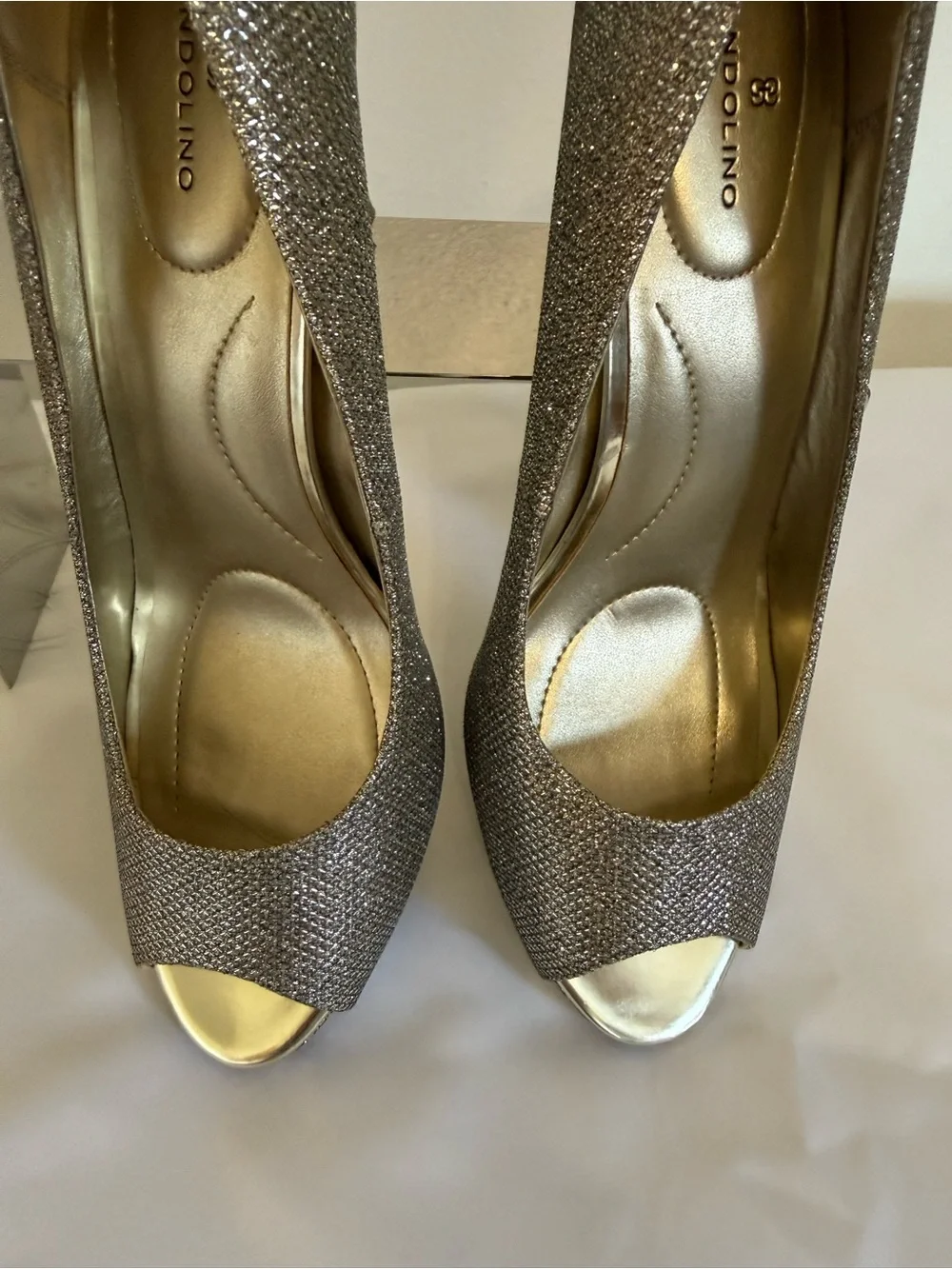 Bandolino Silver Glitter Peep-Toe Stiletto Heels, available in size 9 wide.